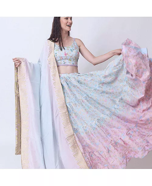 women's pastel floral jacquard silk crop top with beadwork and tiered skirt set with dupatta