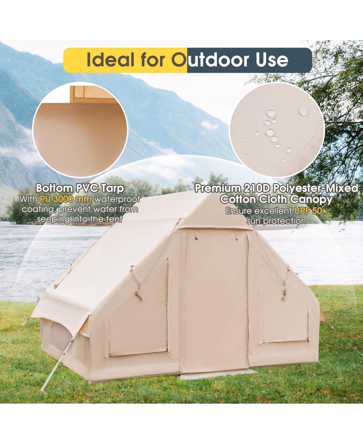 Inflatable Camping Tent 2/4/6 People Glamping Tent for Family Camping with Pump-Beige