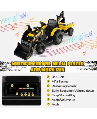 3-in-1 Kids Ride On Excavator Bulldozer 12V Electric Tractor Remote w/ Trailer Yellow
