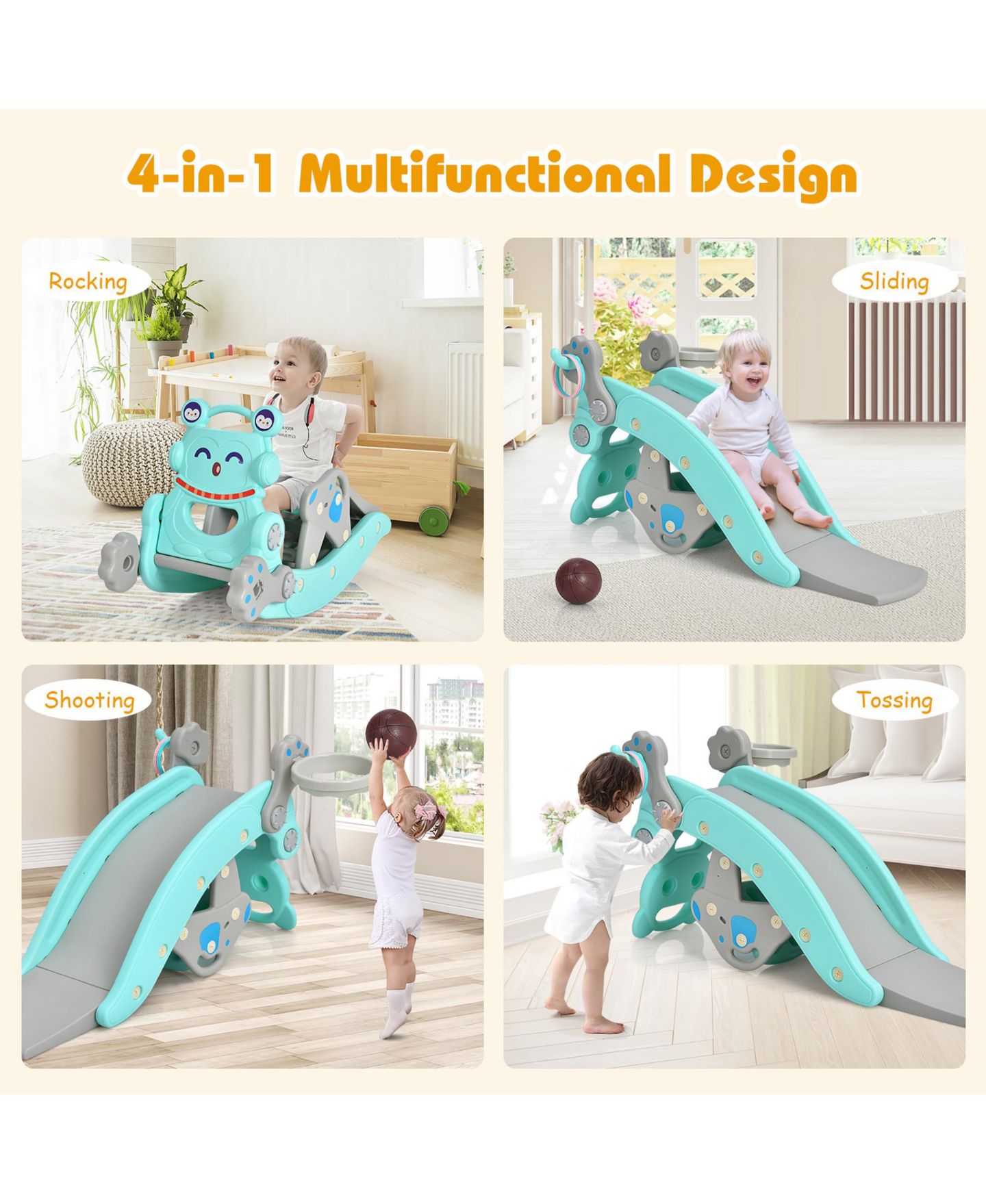 Детские игрушки Costway 4-in-1 Rocking Horse & Slide Set, Hdpe, with Basketball Hoop and Ring Toss, Ages 1-5, цвет: Синий — фото 7