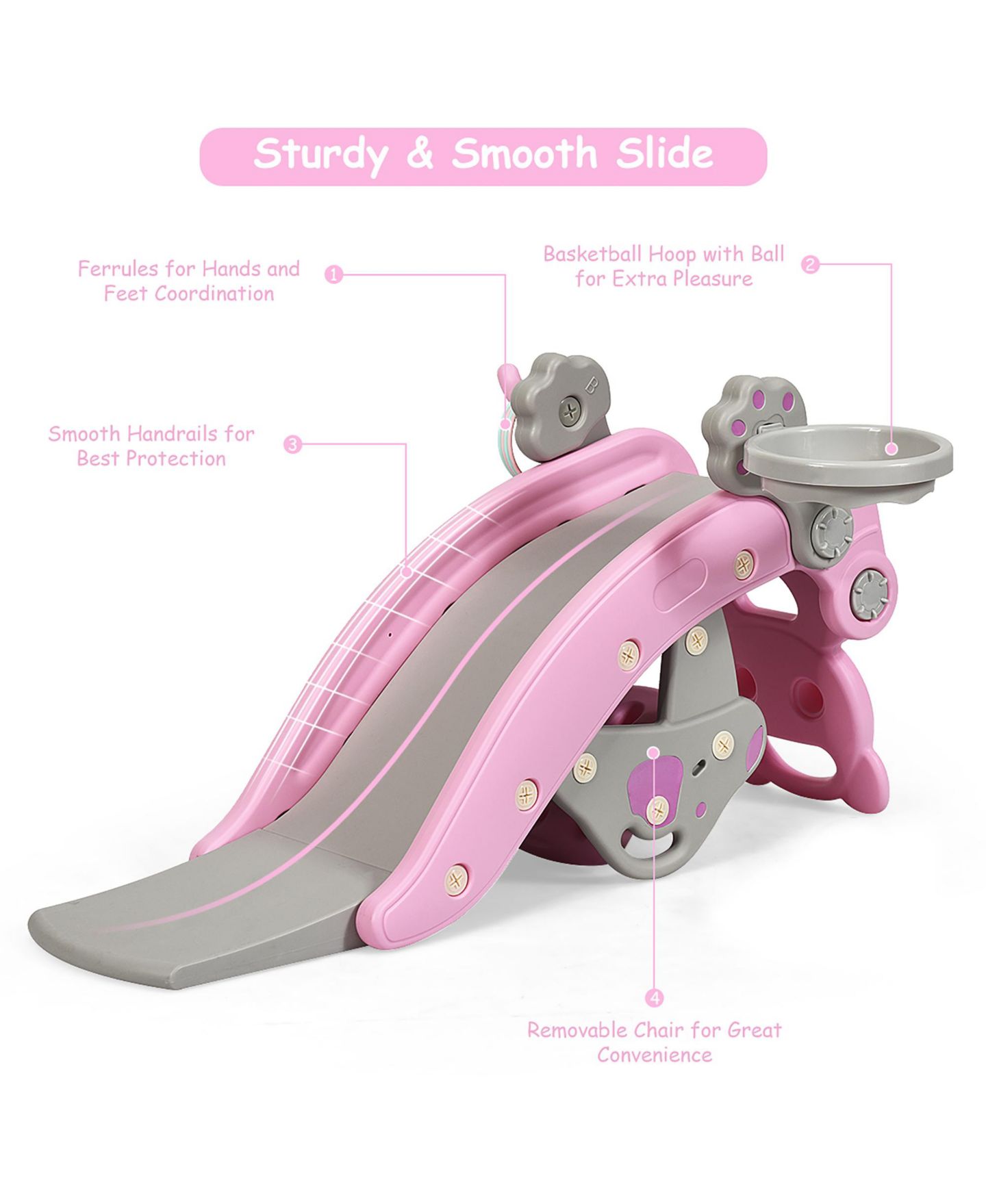 Детские игрушки Costway 4-in-1 Rocking Horse Slide Set with Basketball Hoop and Ring Game, 132 lbs., Ages 1-5, цвет: Розовый — фото 7