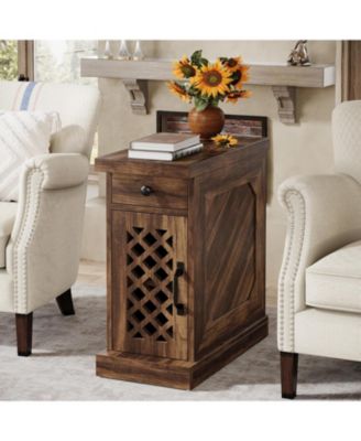 End Table Set of 2, Narrow Side Table with Drawer and Cabinet, Farmhouse Nightstand Sofa End Table for Small Space, Living Room, Bedroom, Vintage Brown