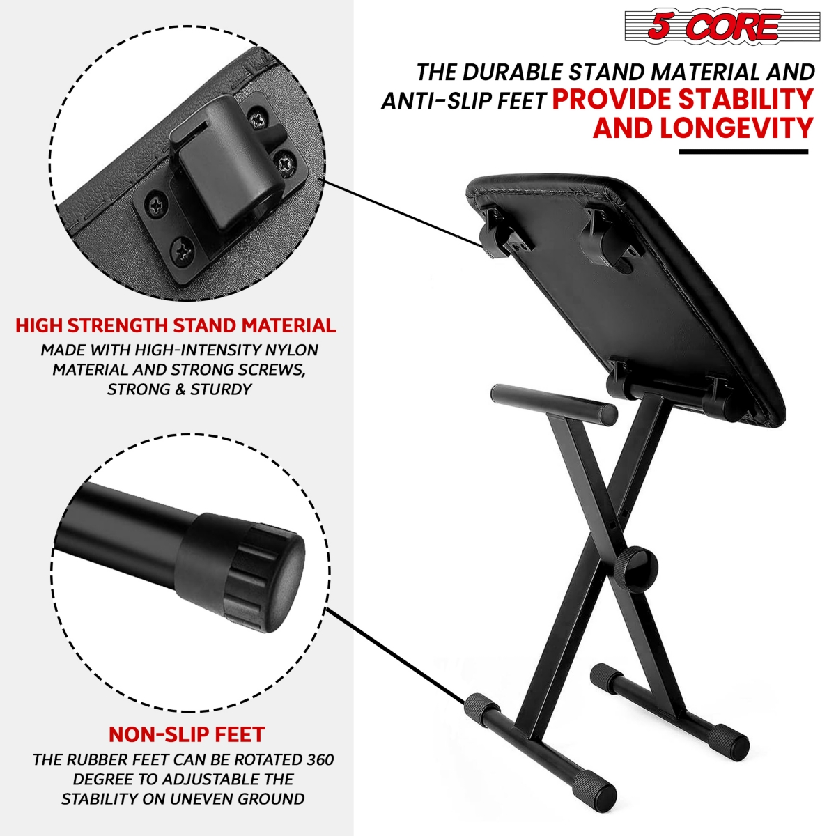 5 Core Keyboard Stand Double X Style Adjustable Piano Riser + Keyboard Piano Bench