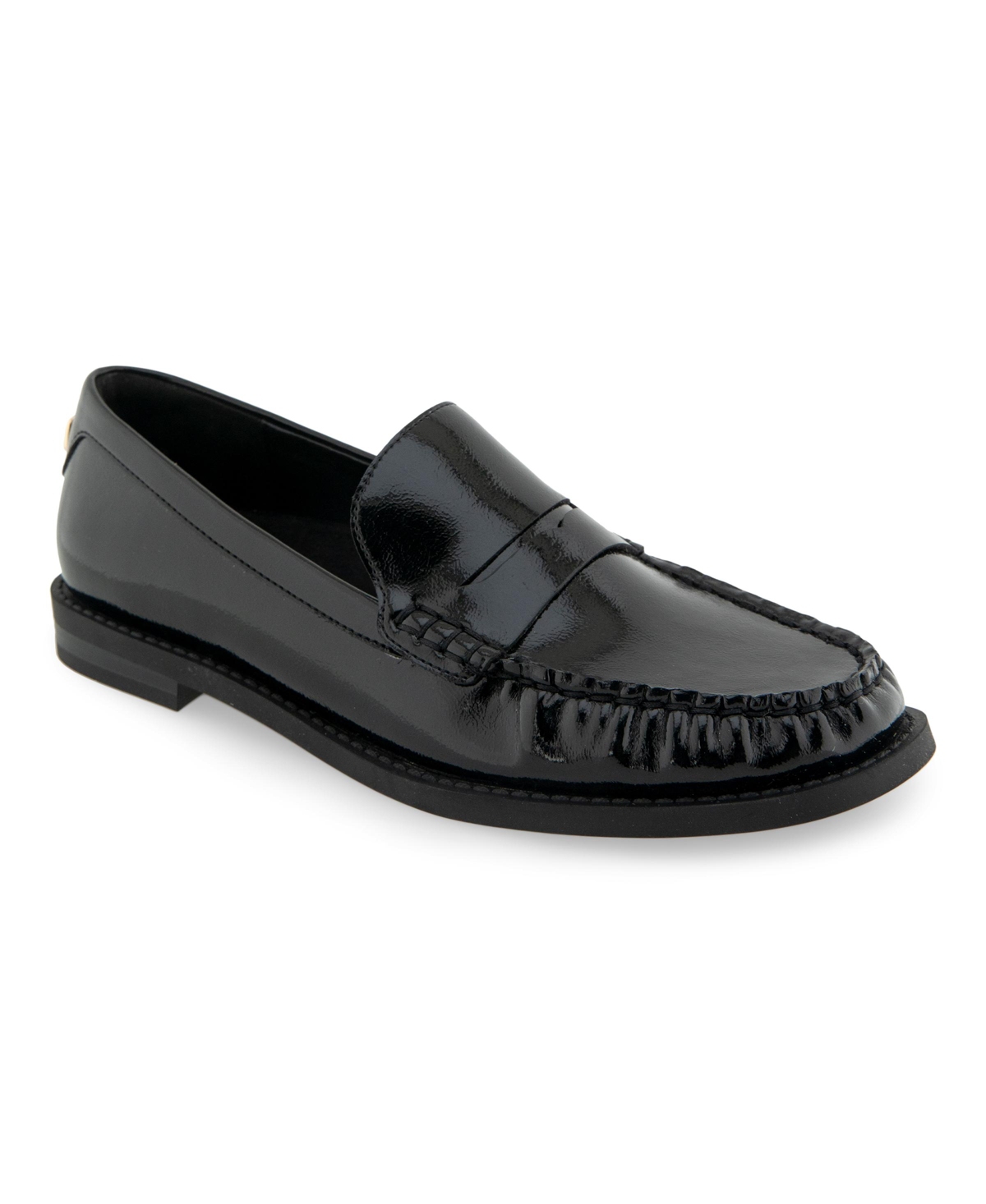 Shop Aerosoles Women's Sienna Block Heel Loafers In Black Patent Crinkled Faux Leather-polyu
