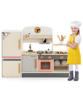Kids Chef Play Kitchen Set Toddlers Wooden Pretend Toy Playset with Range Hood
