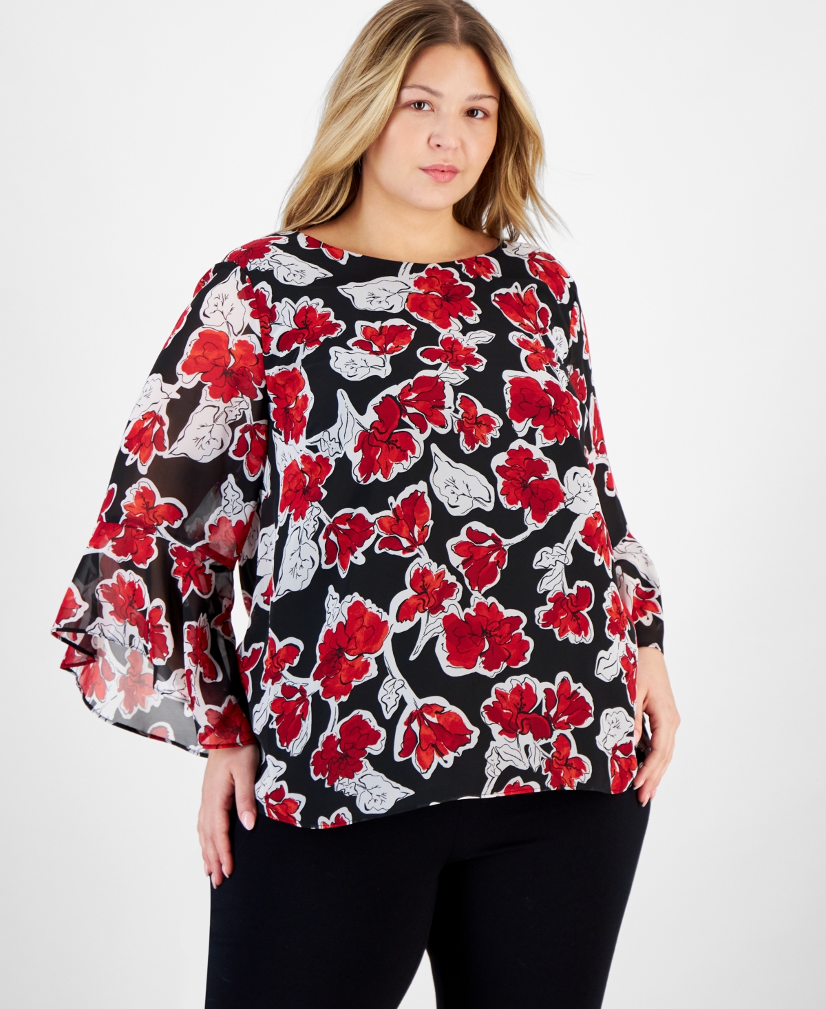 Plus Size Floral-Print Ruffle-Sleeve Blouse - Black Multi