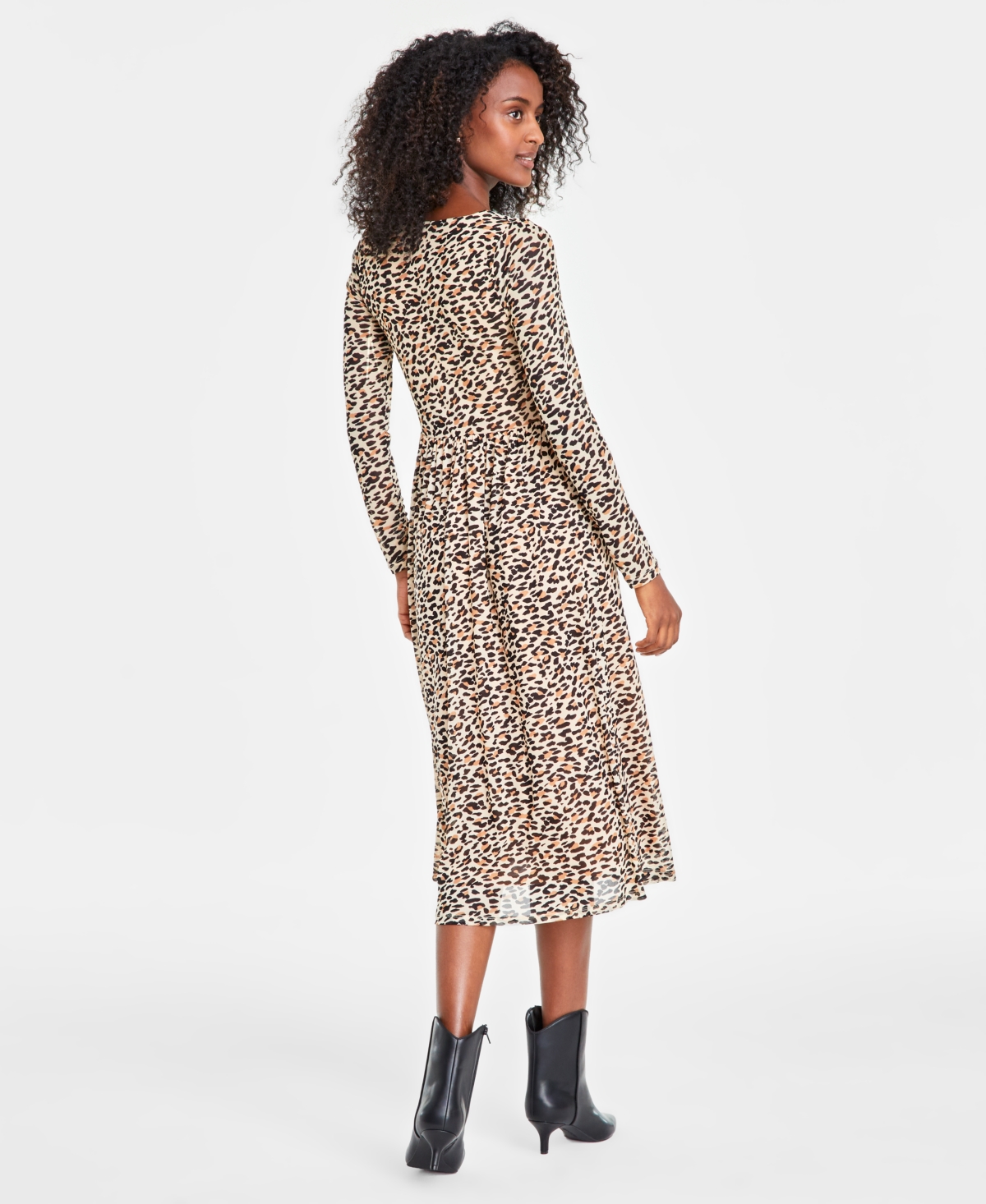 On 34th Womens Leopard Midi Dress Metallic Faux Leather Belt Crossbody Bag Tulip Booties Created For Macys In Sunset Nud