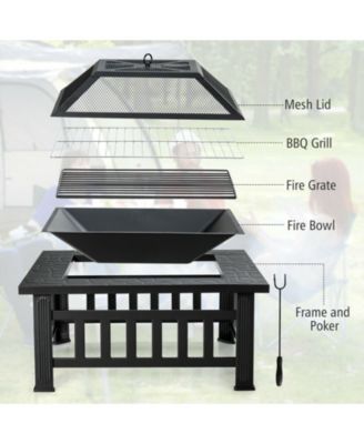 32 Inch 3 in 1 Outdoor Square Fire Pit Table with BBQ Grill and Rain Cover for Camping