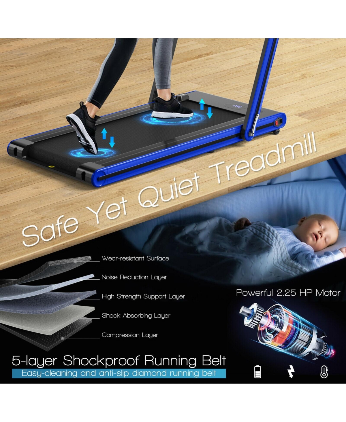 Skonyon 2-in-1 Folding Treadmill with Dual Led Display- Navy