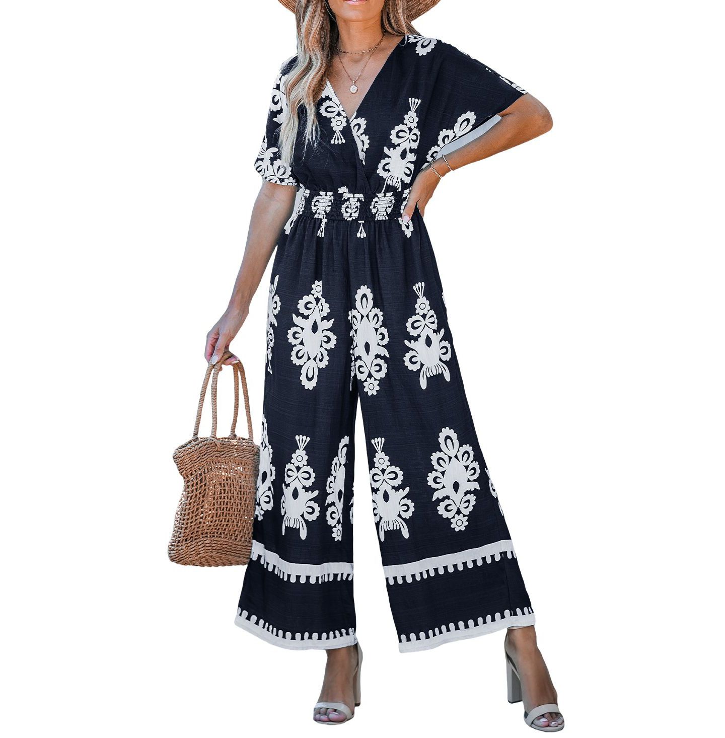 Женский комбинезон Cupshe Navy Smocked Waist Wide Leg Jumpsuit, цвет: Тёмный синий — фото 1