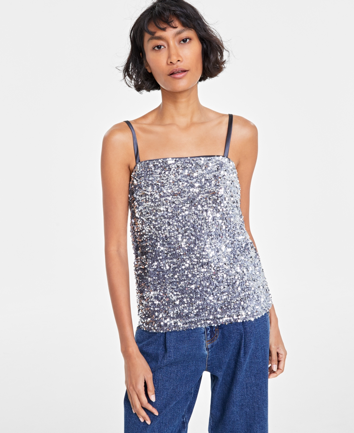 On 34th Women's Sequined Skinny-strap Square-neck Tank Top, Created For Macy's In Shark Fin