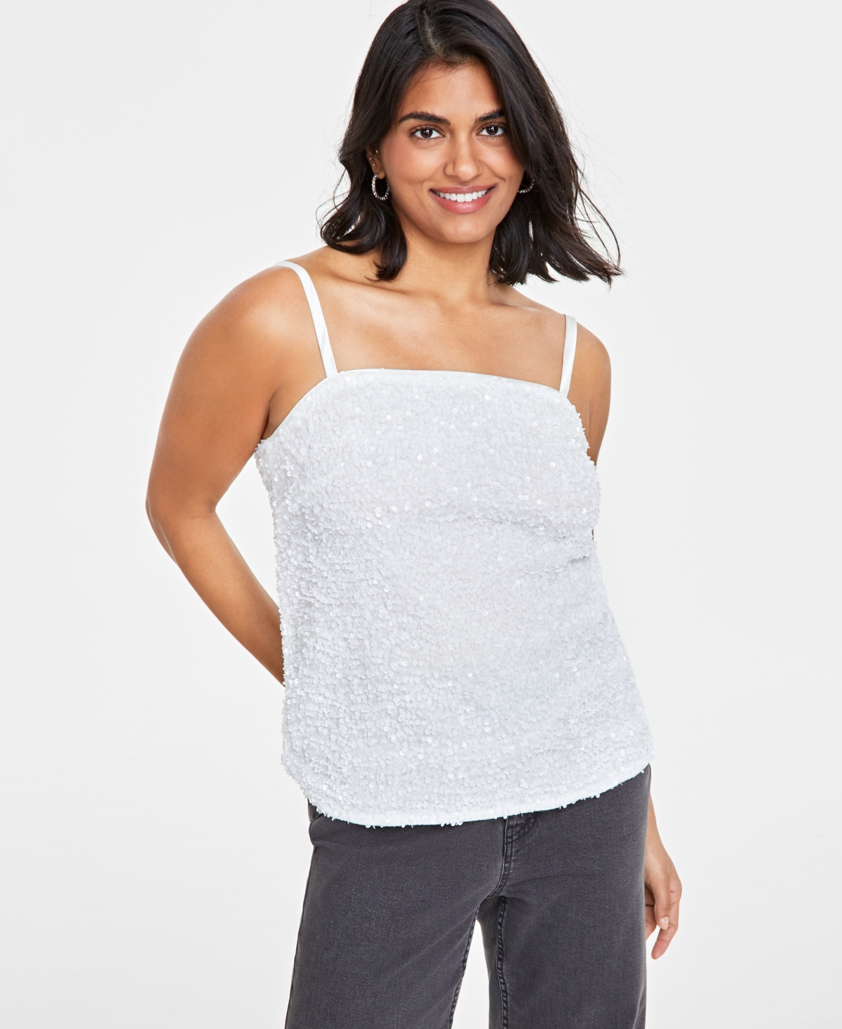 Women's Sequined Skinny-Strap Square-Neck Tank Top, Created for Macy's - Cannoli Cream