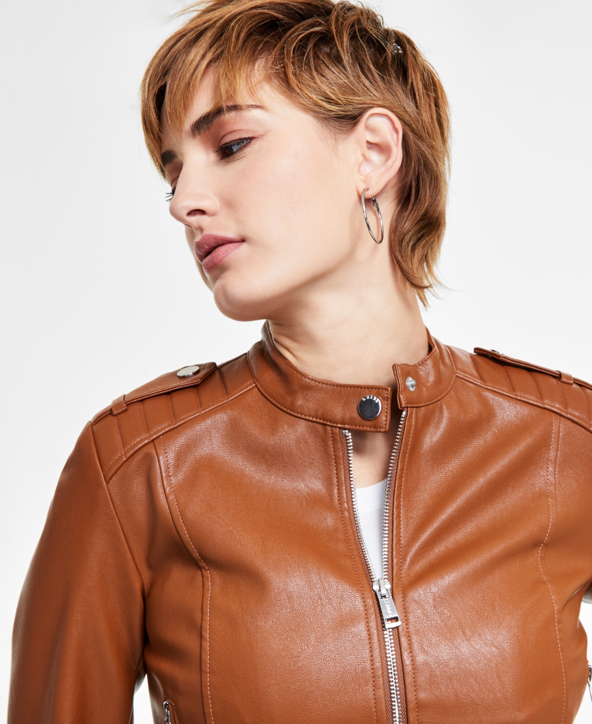 Guess Women's Faux-Leather Moto Jacket with Snap Collar