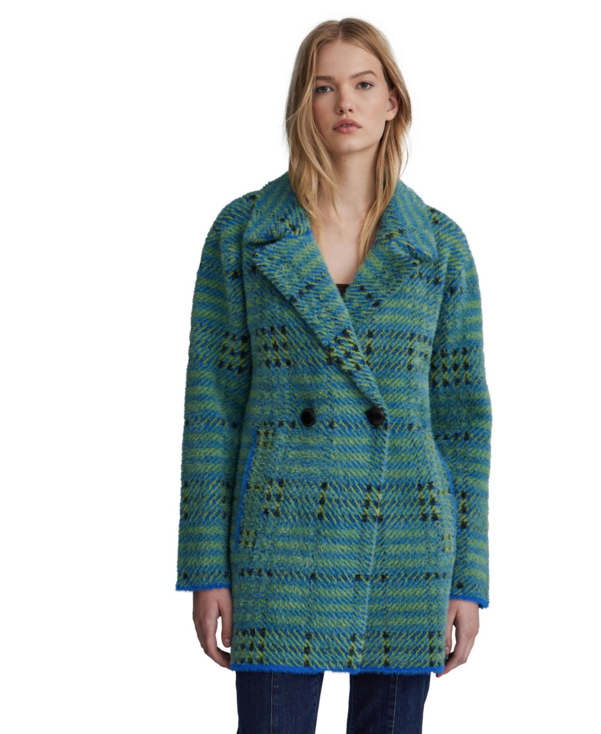 Women's Eyelash Bold Check Coatigan - Blue