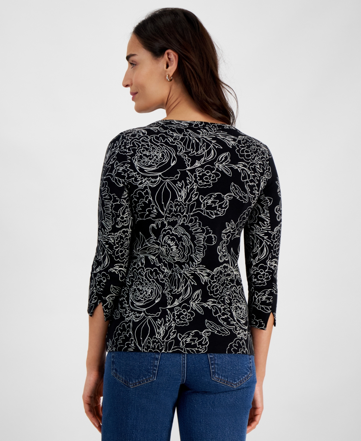 Style & Co Women's Pima Cotton Printed 3/4-sleeve Top, Created For Macy's In Linewk Black