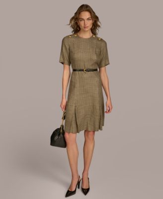 Donna Karan New York - Women's Houndstooth Belted Short-Sleeve Dress