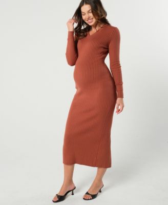 Maternity Maxi Nursing V-Neck Sweater Dress in Cotton Knit