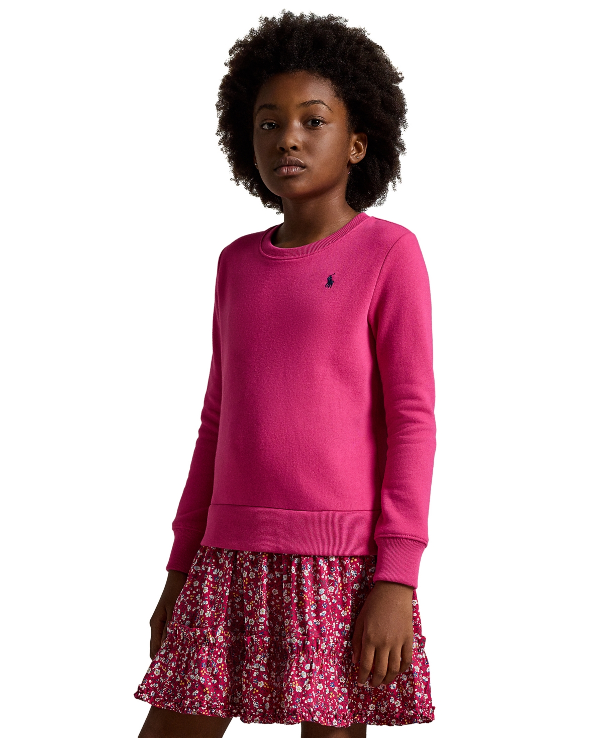 Polo Ralph Lauren Big Girls Floral Woven-Skirt Fleece Dress - NAVY
