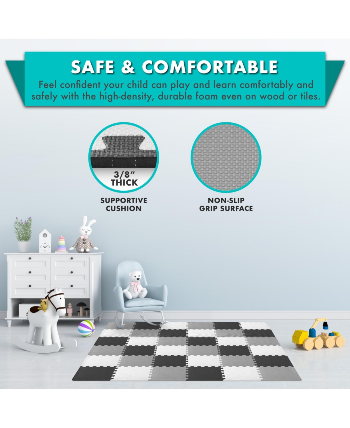ProsourceFit ProSource Kids Floor Play Mat 3/8-in, Sq Ft - Tiles -grey/white