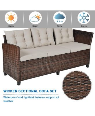 3 Pieces Hand-Woven Rattan Outdoor Sofa Set with Dining Table