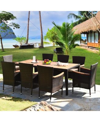 9 Pieces Rattan Dining Set with Acacia Wood Table and Stackable Cushioned Chairs