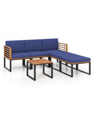 6 Piece Patio Acacia Wood Conversation Sofa Set with Ottomans and Coffee Table
