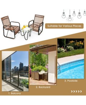 3 Pieces Patio Rattan Furniture Set with 2 Single Wicker Chairs and Glass Side Table