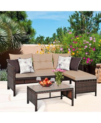 3 Pieces Outdoor Patio Corner Rattan Sofa Set
