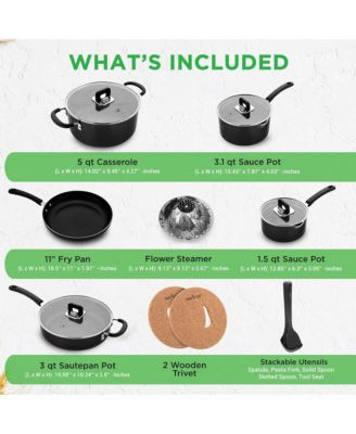 17pc Stackable Nonstick Cookware Set – Stainless Steel, Induction Ready, Foldable Knob, Space-Saving, Nylon Tools, Black