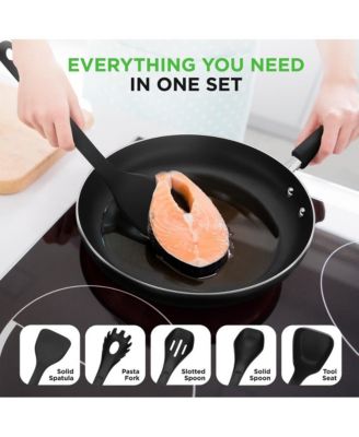 17pc Stackable Nonstick Cookware Set – Stainless Steel, Induction Ready, Foldable Knob, Space-Saving, Nylon Tools, Black