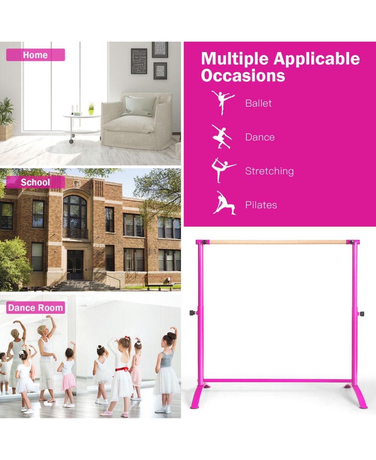 Sugift 51 Inch Ballet Barre Bar with 4-Position Adjustable Height-Pink