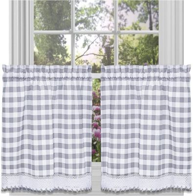 2 Piece Country Farmhouse Buffalo Plaid Rod Pocket Cafe Tier Curtain Panels With Macrame Border