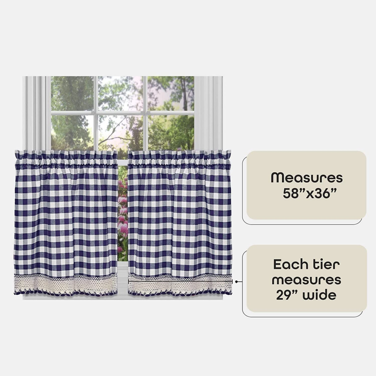 Kate Aurora 2 Piece Country Farmhouse Buffalo Plaid Rod Pocket Cafe Tier Curtain Panels With Macrame Border