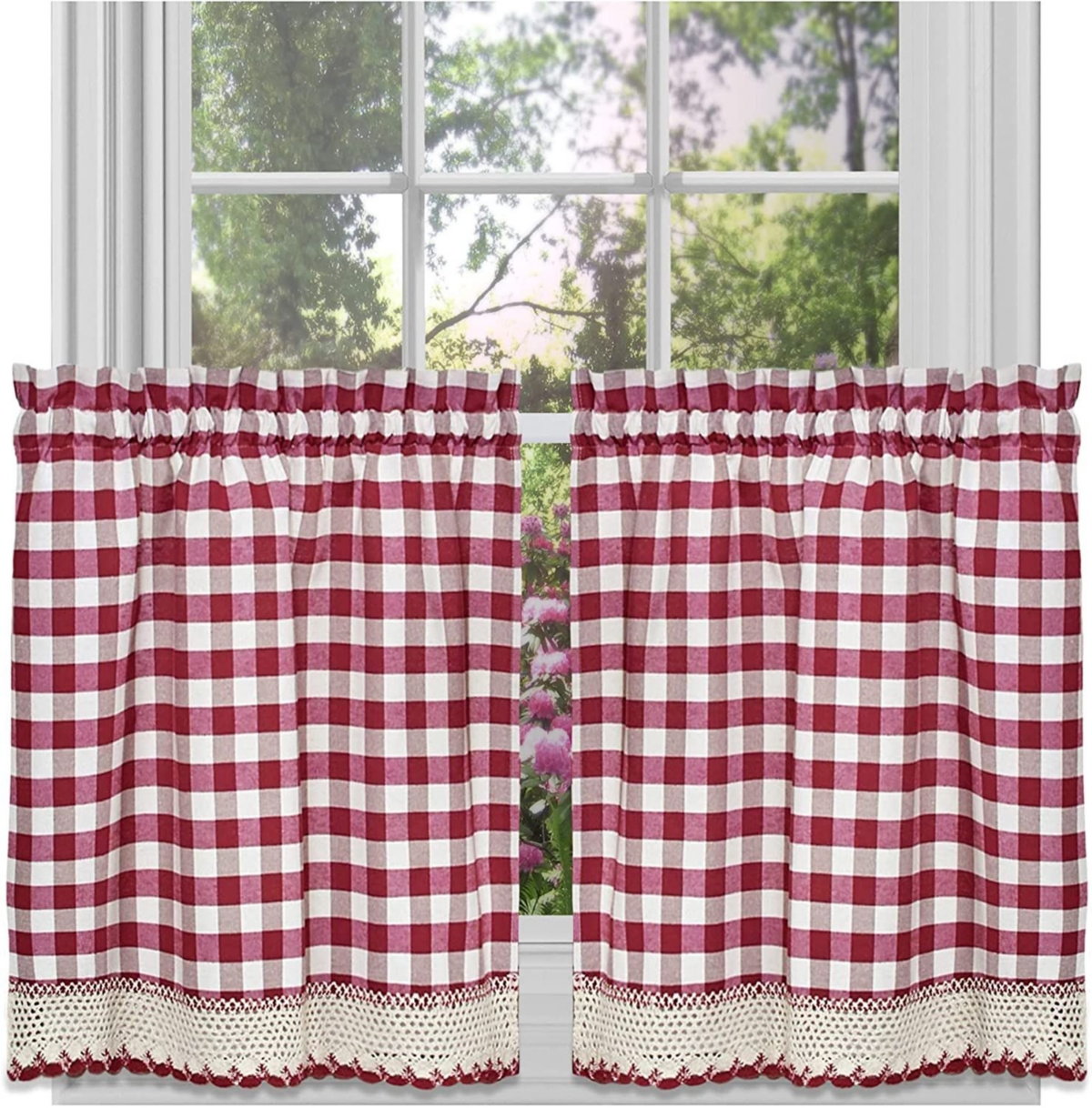 Kate Aurora 2 Piece Country Farmhouse Buffalo Plaid Rod Pocket Cafe Tier Curtain Panels With Macrame Border - in. Long - Yellow