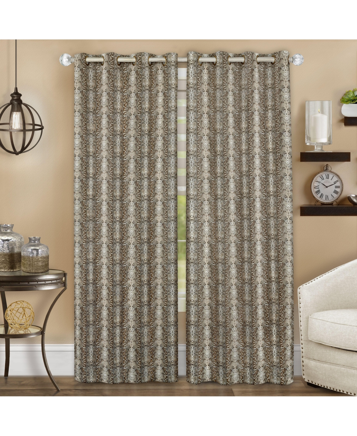 Safari Living 2 Piece Python Room Darkening Grommet Top Curtain Panels - Brown - 63 in. Long - Black