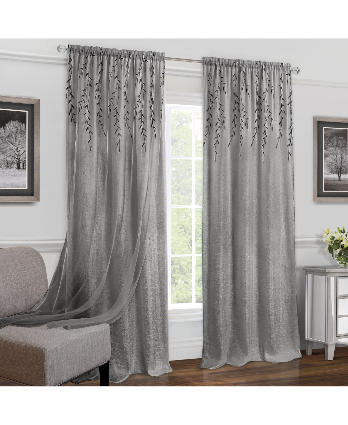Traditional Home 2 Pack Double Layered Embroidered Floral Sheer Curtains - 84 in. Long - Gray - Gray
