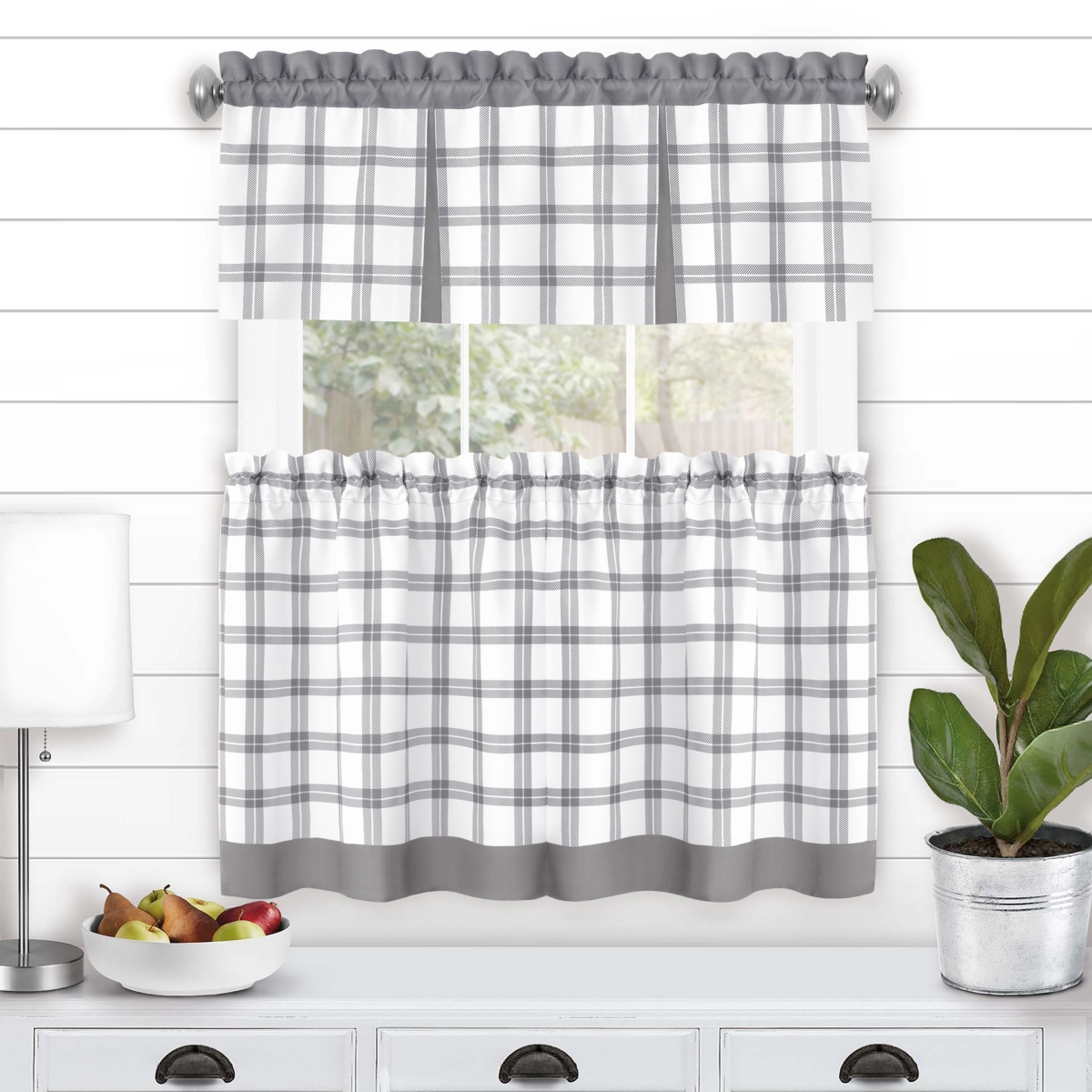 Kate Aurora Windowpane Plaid Country Farmhouse Kitchen Curtain Tier & Valance