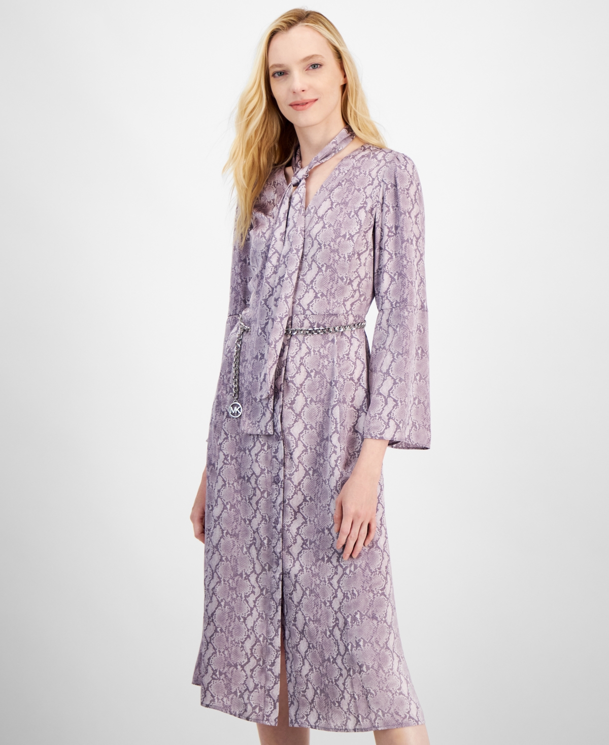 Michael Kors Women's Snake-Print Bell-Sleeve Midi Dress with Chain Belt