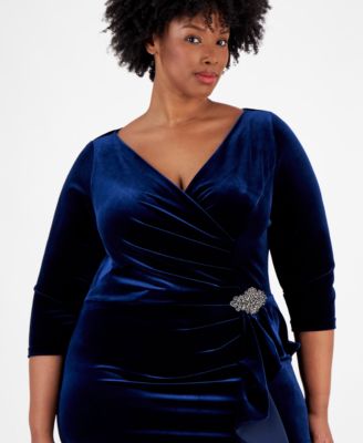 Plus Size Velvet Embellished Side-Ruffle Dress