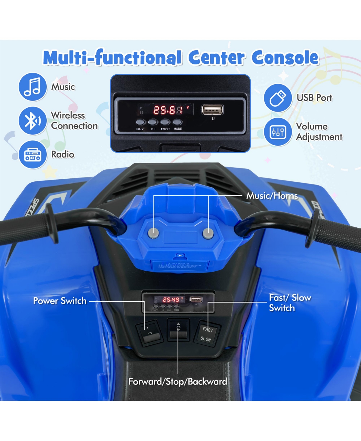 Gymax Kids Ride-On Atv 24V Battery Powered Electric Vehicle w/ Wireless Connection Music Radio Pink - Blue+black
