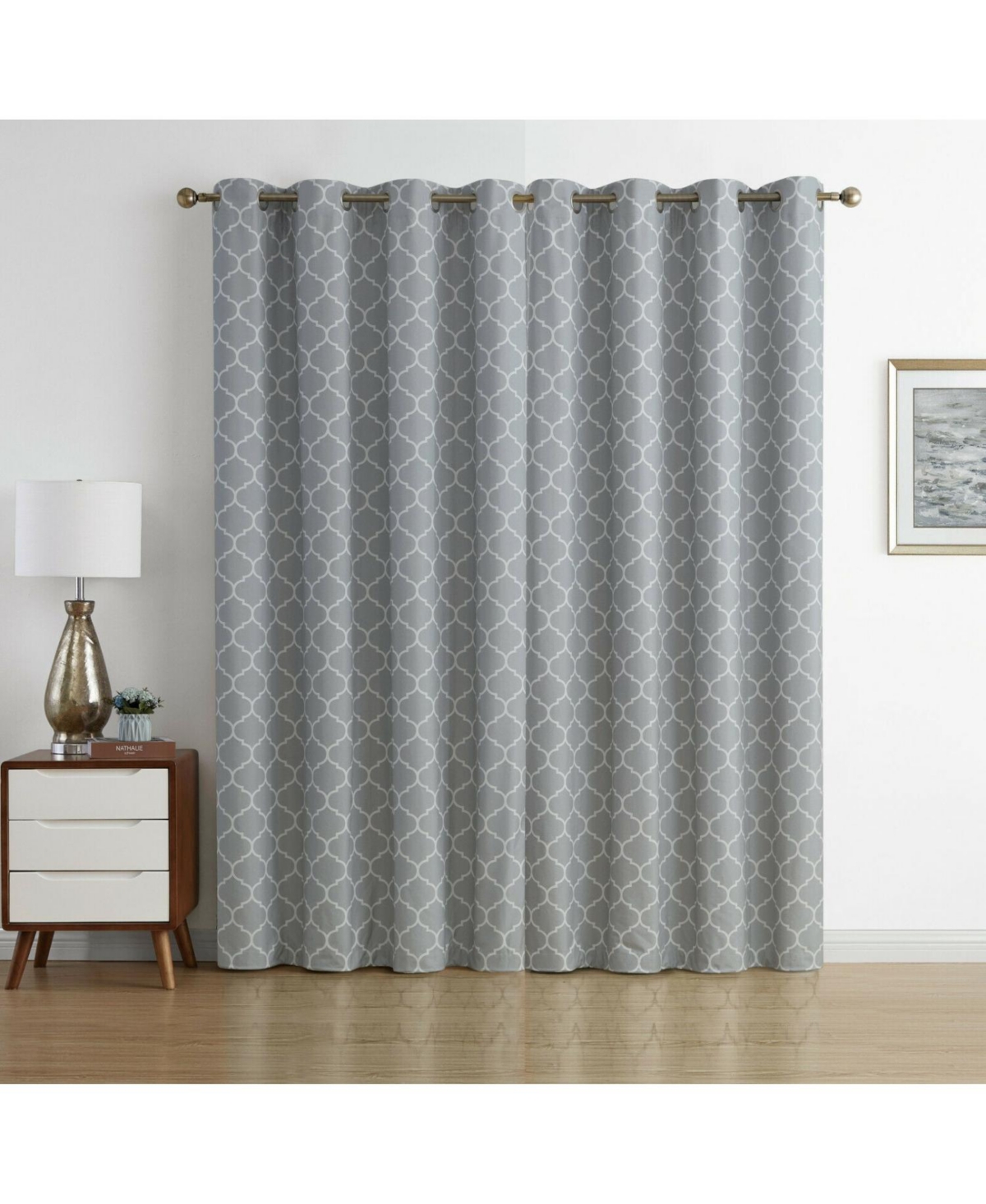 Kate Aurora Chic Living 100% Max Blackout Trellis Clover Thermal Curtains - 52 in. W x 84 in. L,- Gray