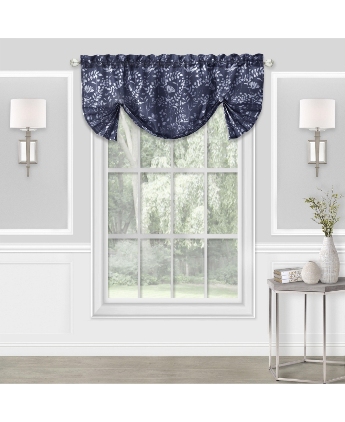 Watercolor Lillies & Cherry Blossoms Floral Charlotte Pastel Semi Sheer Single Window Curtain - Navy