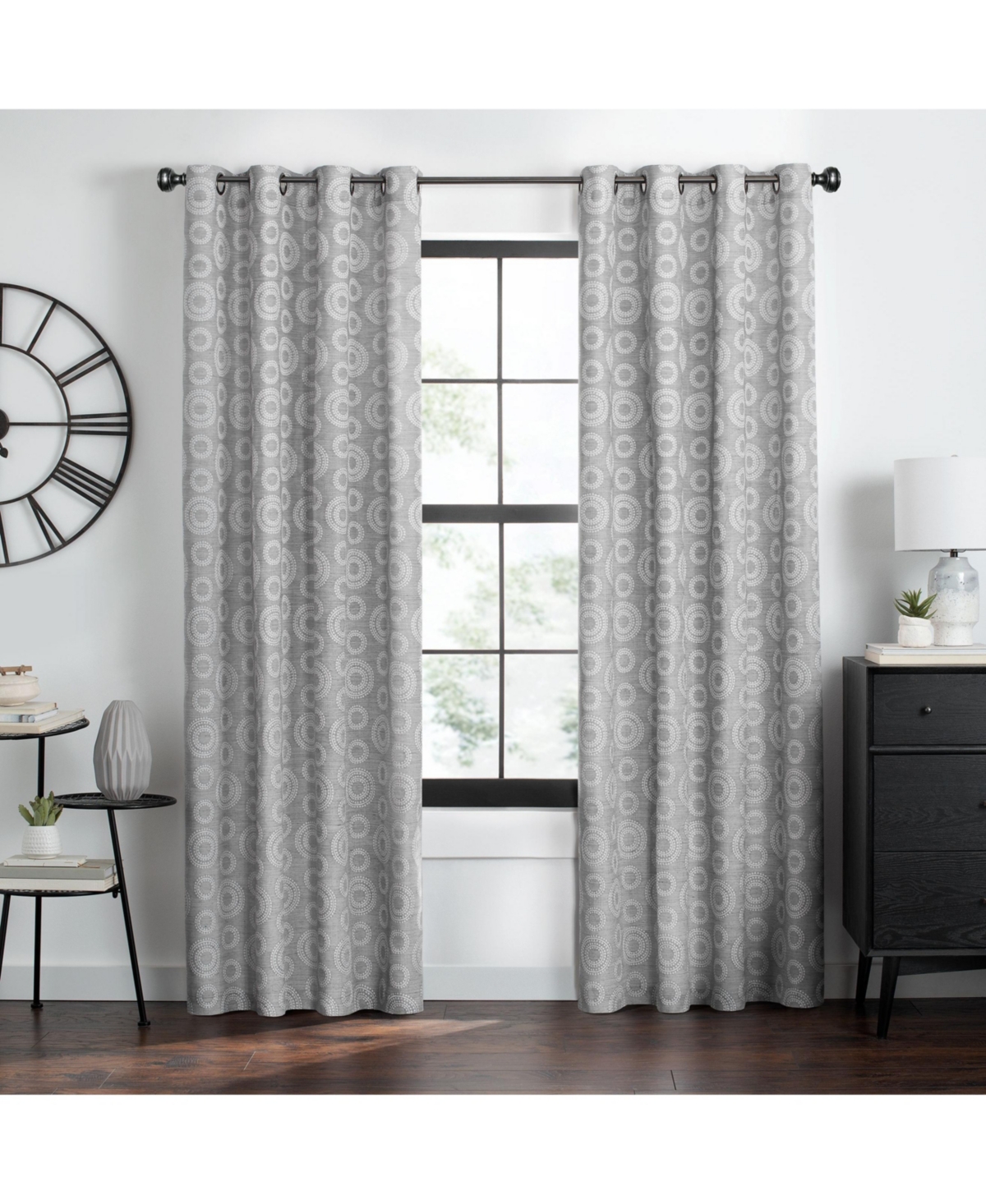 Contemporary Woven Jacquard Modular Circles Grommet Top Single Window Curtain Panel - 63 in. Long - Tan - Tan