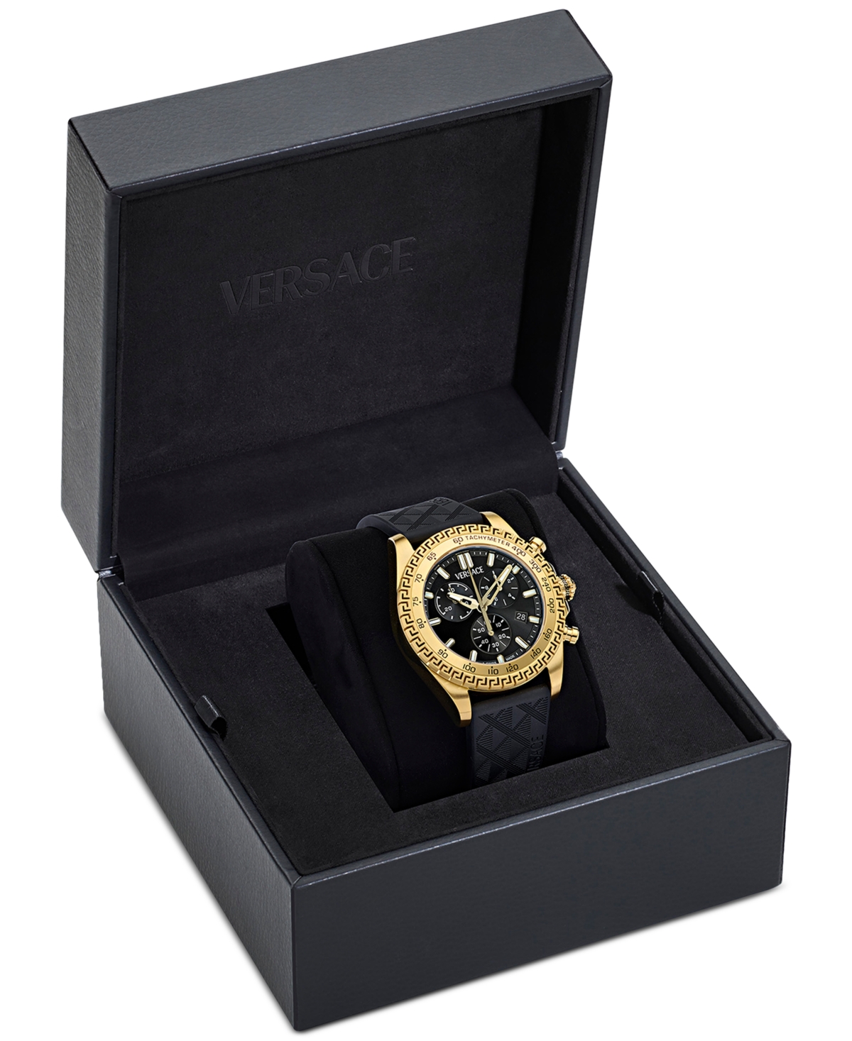 Versace Men's Swiss Chronograph Black Polyurethane Strap Watch 44mm In Gold