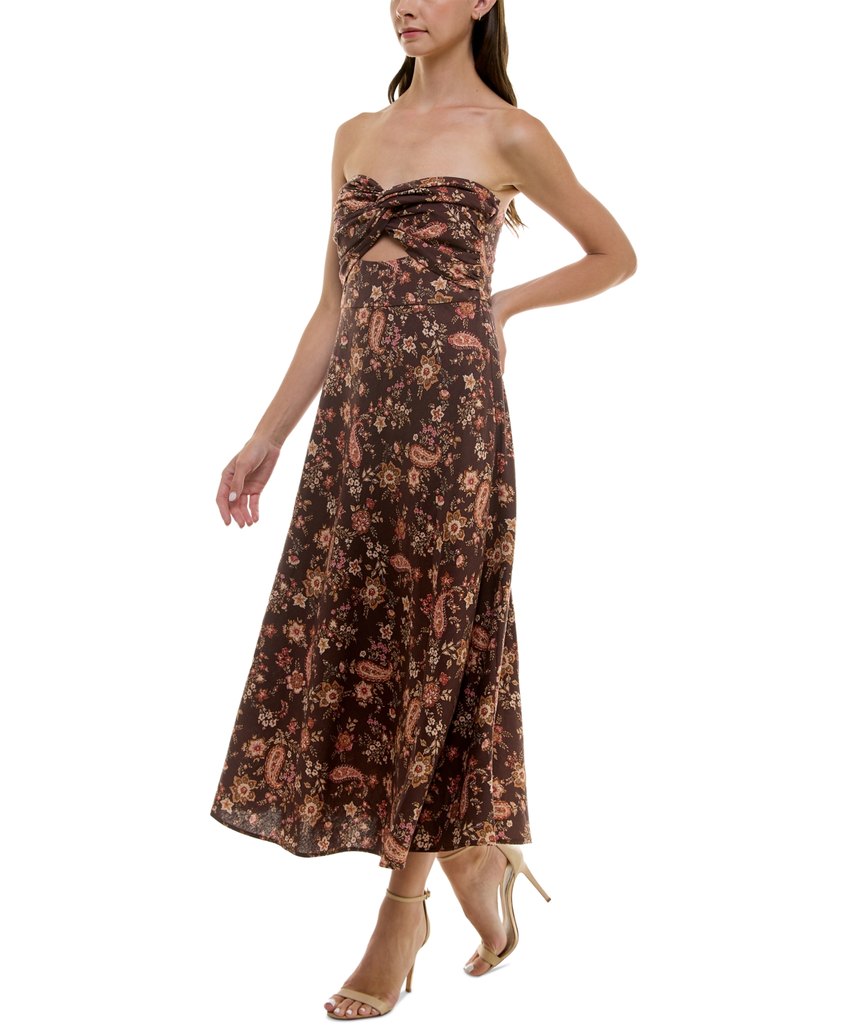 Trixxi Juniors' Paisley-Print Strapless Keyhole Smocked-Back Midi Dress