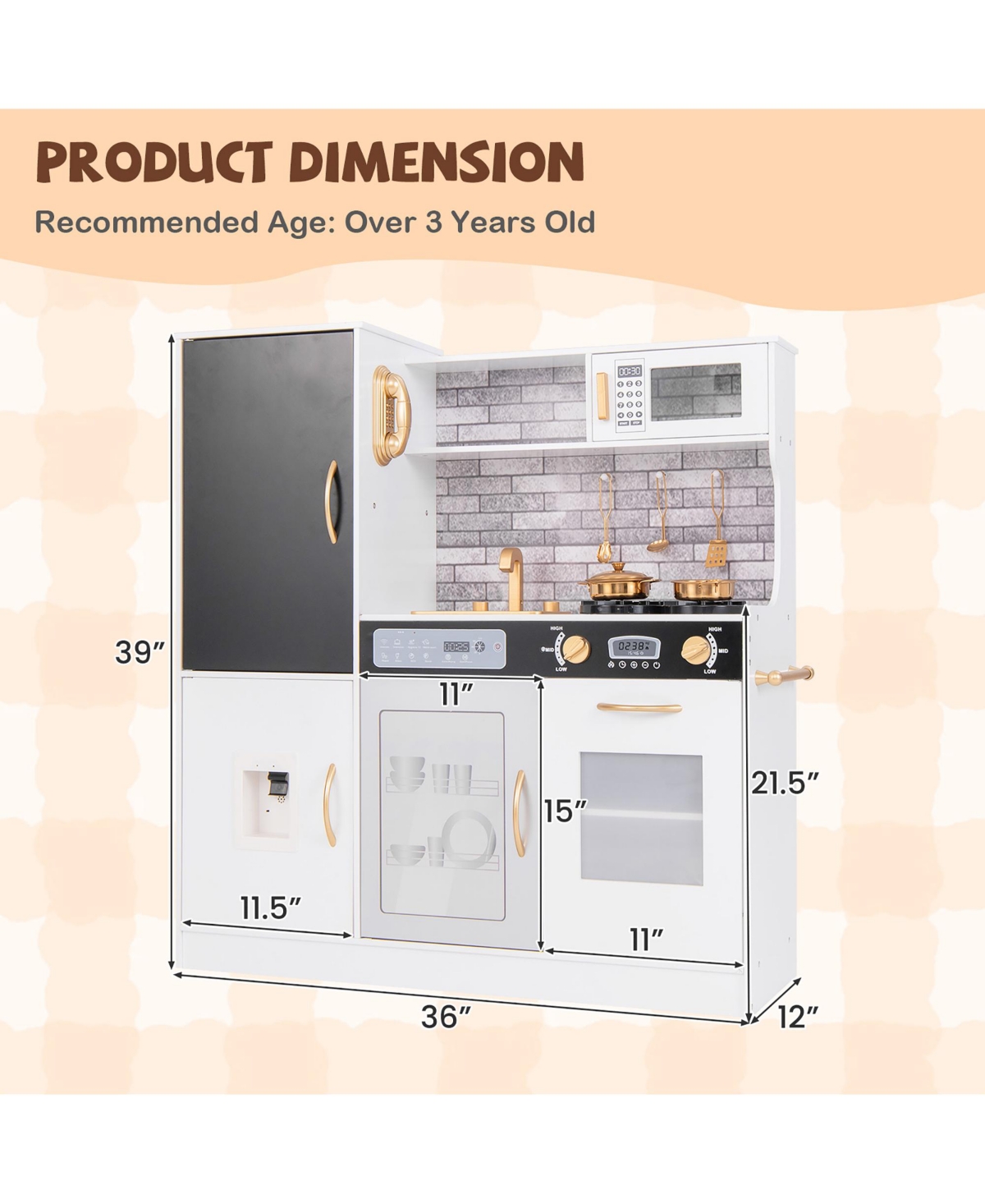 Gymax Play Kitchen Toy Set w/ Chalkboard Oven Sink Curtain Microwave Water Dispenser - White+black