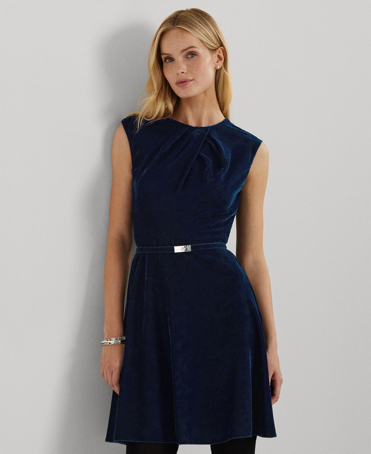 Lauren Ralph Lauren Women's Belted Velvet Cap-Sleeve Dress, Regular & Petites