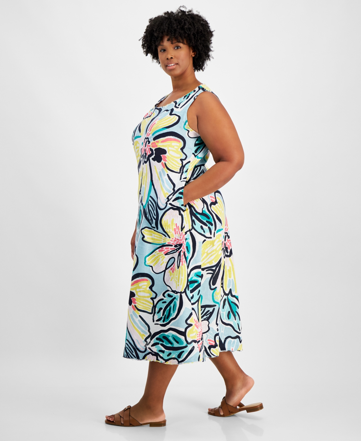 Charter Club Plus Size Linen Floral-Print Tank Dress, Created for Macy's