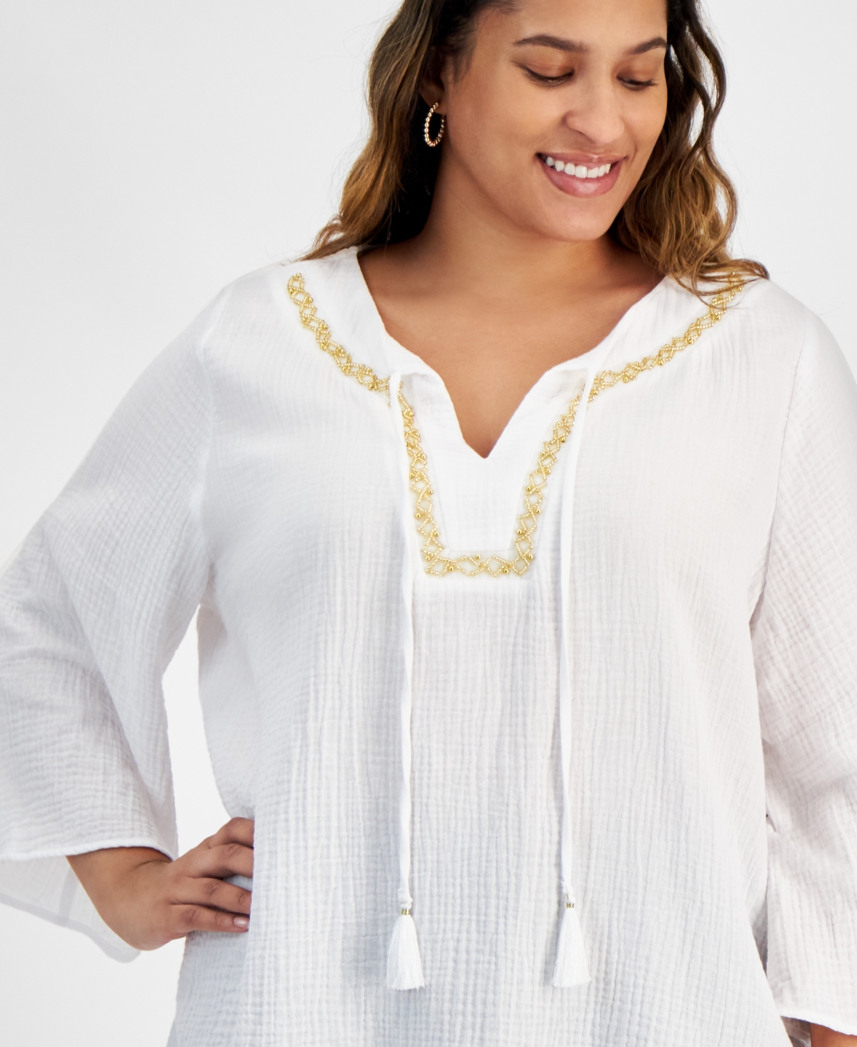 Macy's Plus Size Mirella Embellished-neck Kimono Top, Created For  In Bright White