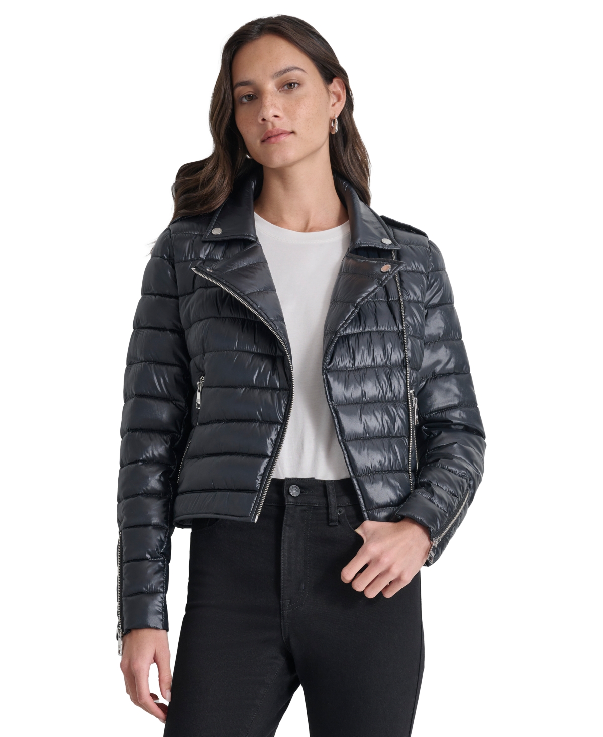 Dkny Jeans Women's Lightweight Zip-front Puffer Jacket In Metlc Blk